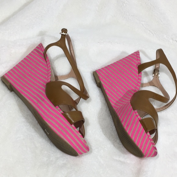 Tommy Hilfiger Open Toe Camel leather strap Pink Stripe wedges - 9.5 - Picture 3 of 8